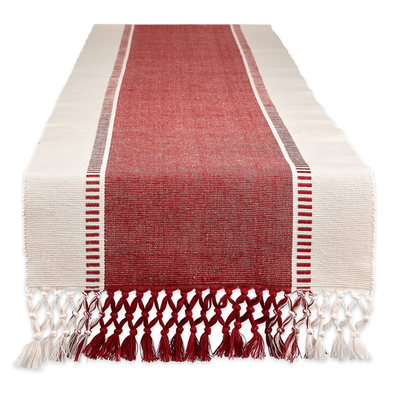 Contemporary Home Living Ribbed Dobby Striped Table Runner with Tassels - 108" - Cream and Cherry Red